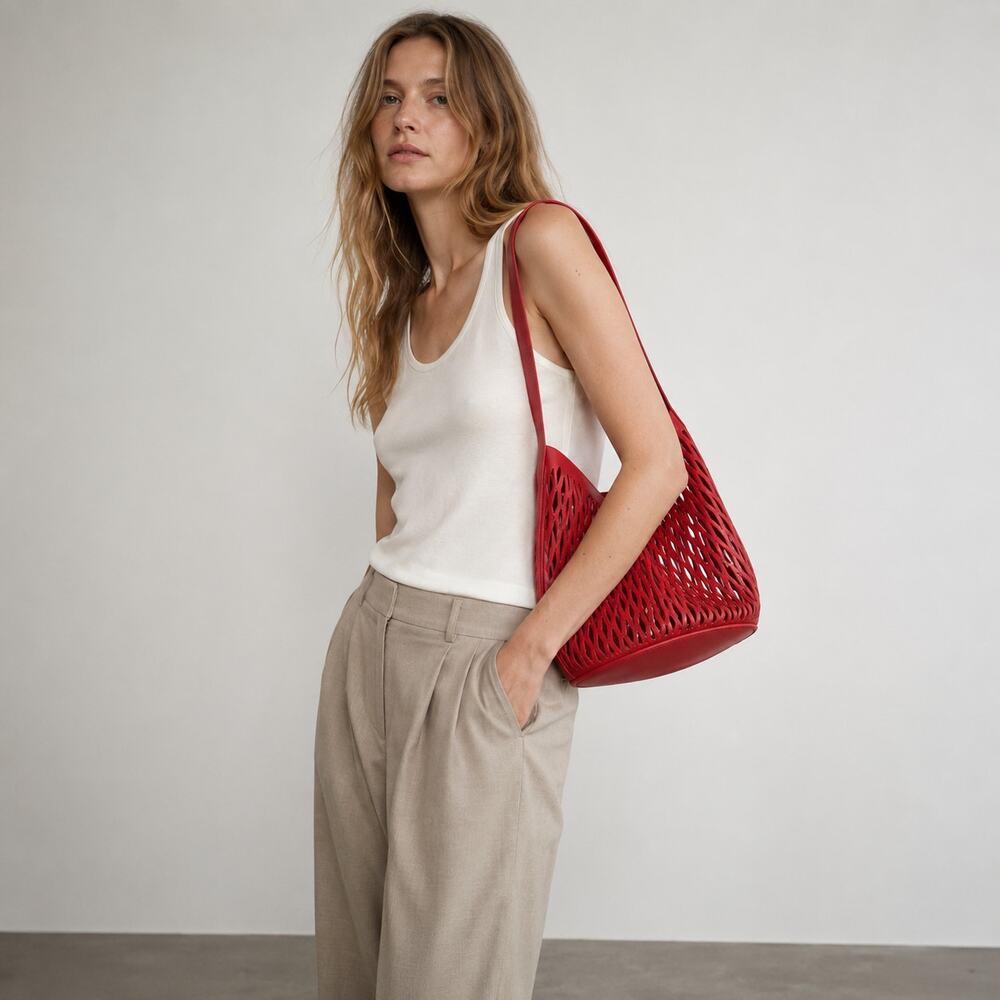 Zara Openwork Perforation Leather Shoulder Bag 6025/810/600 M Red Zipper Wallet